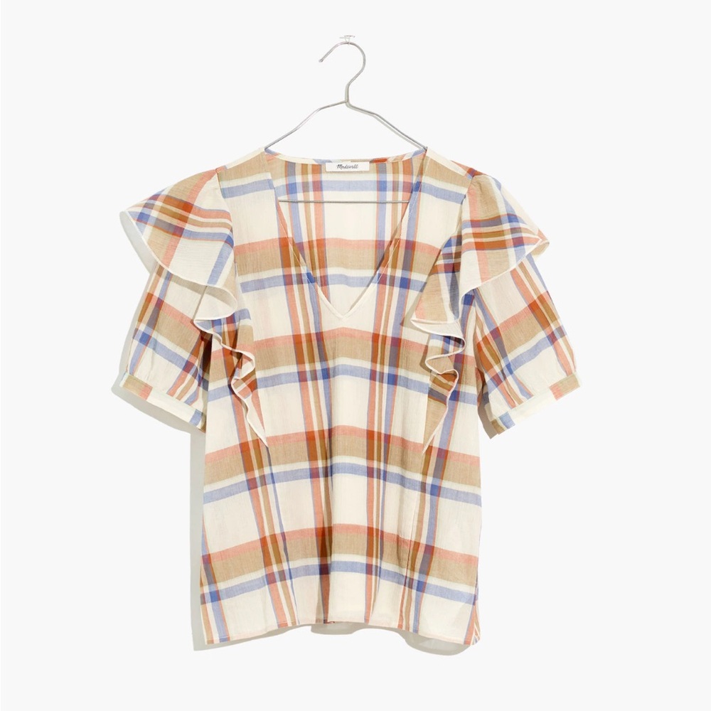 Madewell plaid shoulder-ruffle short sleeve v-neck shirt size XXS